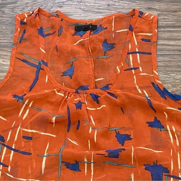Edge Lightweight Sheer Printed Sleeveless Blouse Orange Blue Cream Size Large - Picture 2 of 12